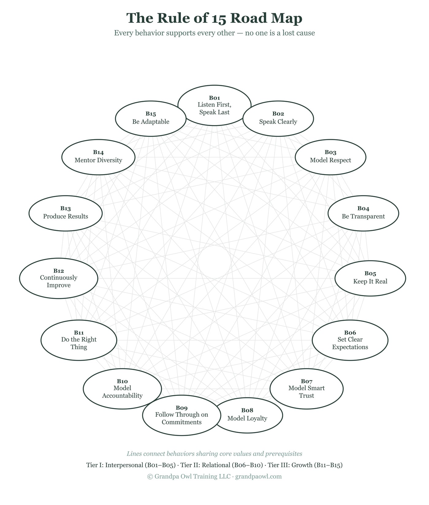 The Rule of 15 for Families Road Map — all 15 behaviors interconnected